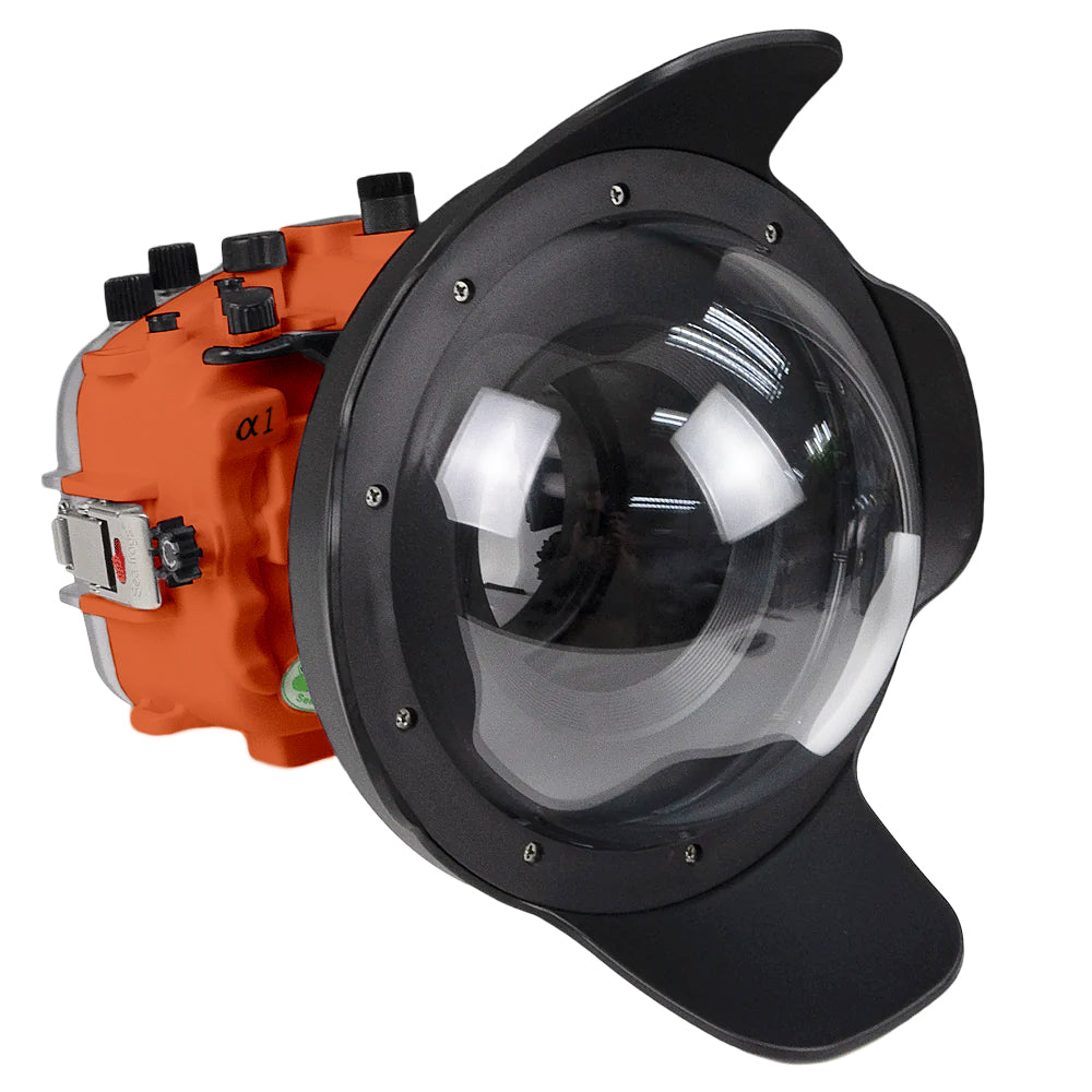 Sea Frogs Salted Line Series Sony A1 40M/130FT Waterproof camera housing with 8" Dome port V.1. Orange