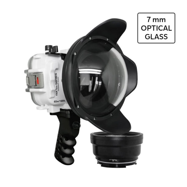 60M/195FT Waterproof housing for Sony RX1xx series Salted Line with Aluminium Shutter Grip & 6" Optical Glass Dry Dome Port(White)