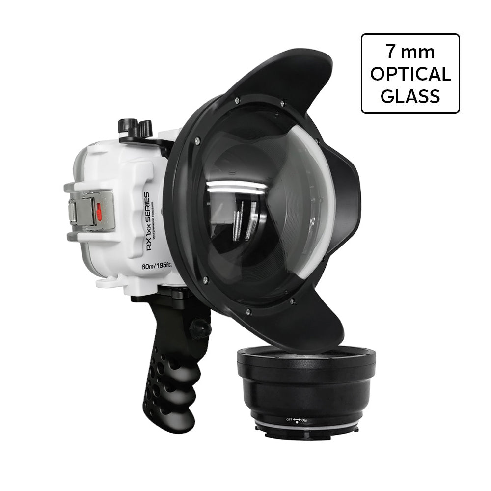 60M/195FT Waterproof housing for Sony RX1xx series Salted Line with Aluminium Shutter Grip & 6" Optical Glass Dry Dome Port(White)