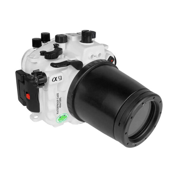 Sony A9 PRO V.3 series 40M/130FT UW camera housing with 67mm threaded flat port for Sony FE90 macro lens (focus gear included) and standard port bundle.White