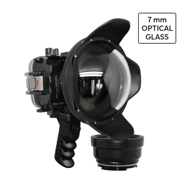 60M/195FT Waterproof housing for Sony RX1xx series Salted Line with Aluminium Shutter Grip & 6" Optical Glass Dry Dome Port (Black)