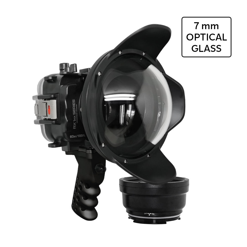 60M/195FT Waterproof housing for Sony RX1xx series Salted Line with Aluminium Shutter Grip & 6" Optical Glass Dry Dome Port (Black)