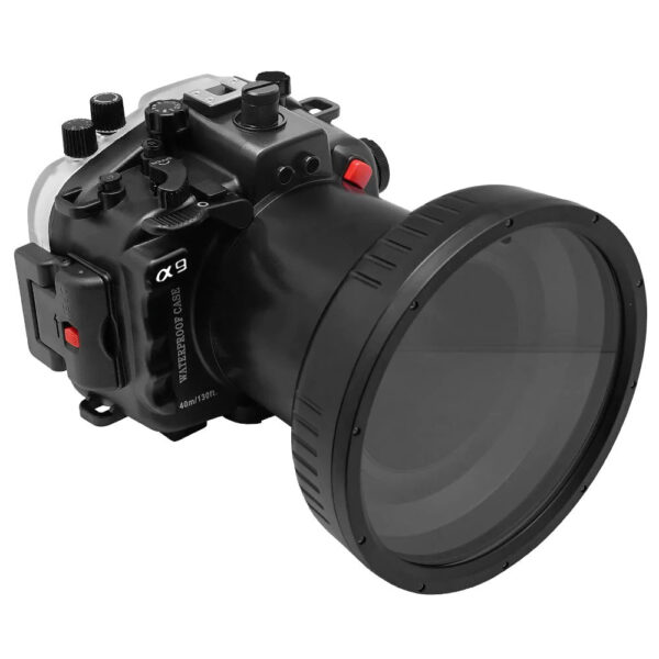 Sony A9 PRO V.3 series 40M/130FT UW camera housing with 6" Optical Glass Flat Long Port for Sony SONY FE24-70 F2.8 GM II (and standard port).Black