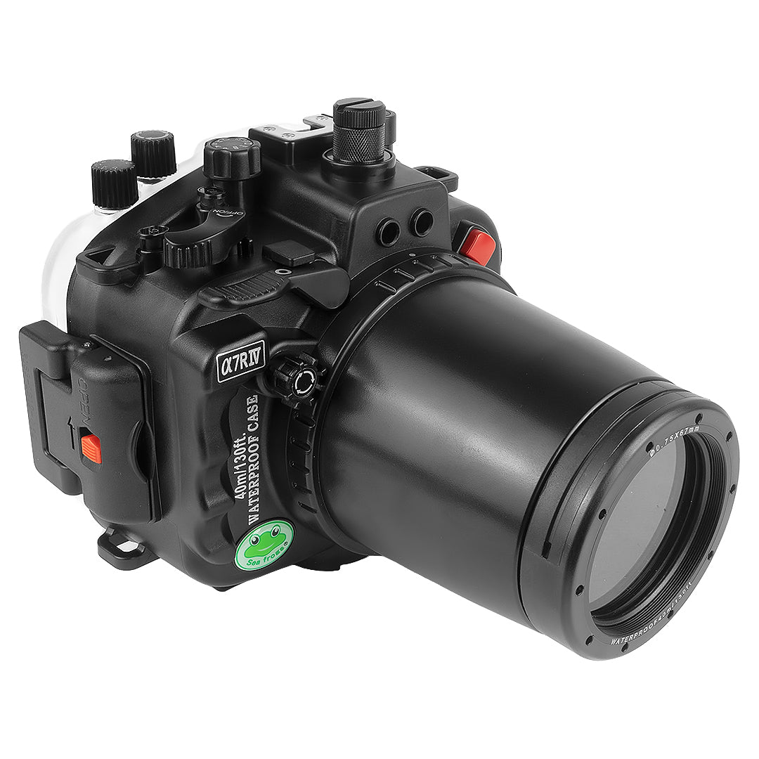 Sony A7R IV PRO 40M/130FT Underwater camera housing with 67mm threaded flat port for Sony FE90 macro lens (focus gear included) and standard port bundle.Black