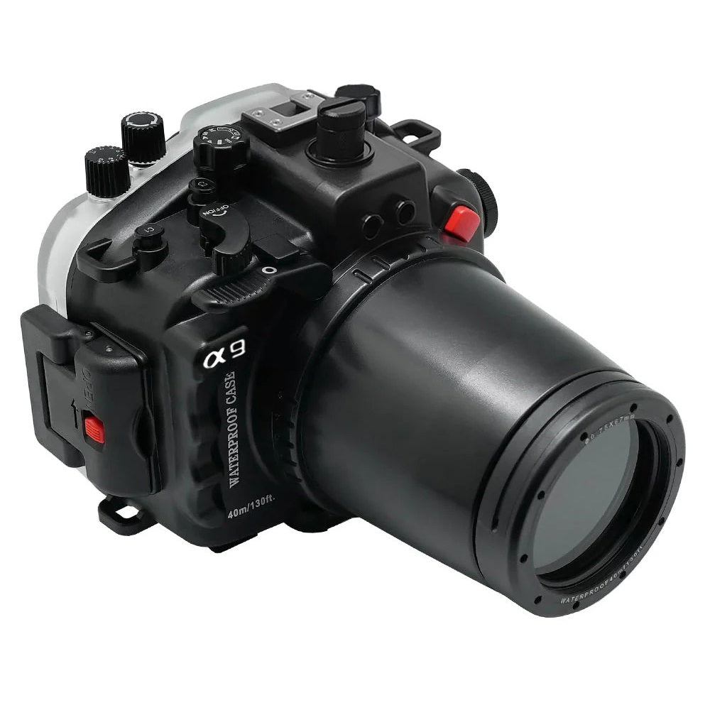 Sony A9 PRO V.3 series 40M/130FT UW camera housing with 67mm threaded flat port for Sony FE90 macro lens (focus gear included) without standard port.Black
