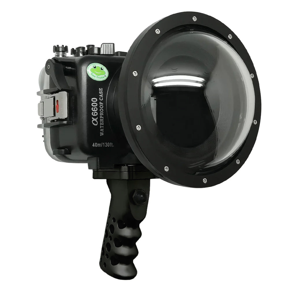 Sony A6600 SeaFrogs 40M/130FT UW housing with 6" Dry Dome Port V.1 Surf for E10-18mm lens (zoom gear included) with aluminium Shutter Grip trigger.