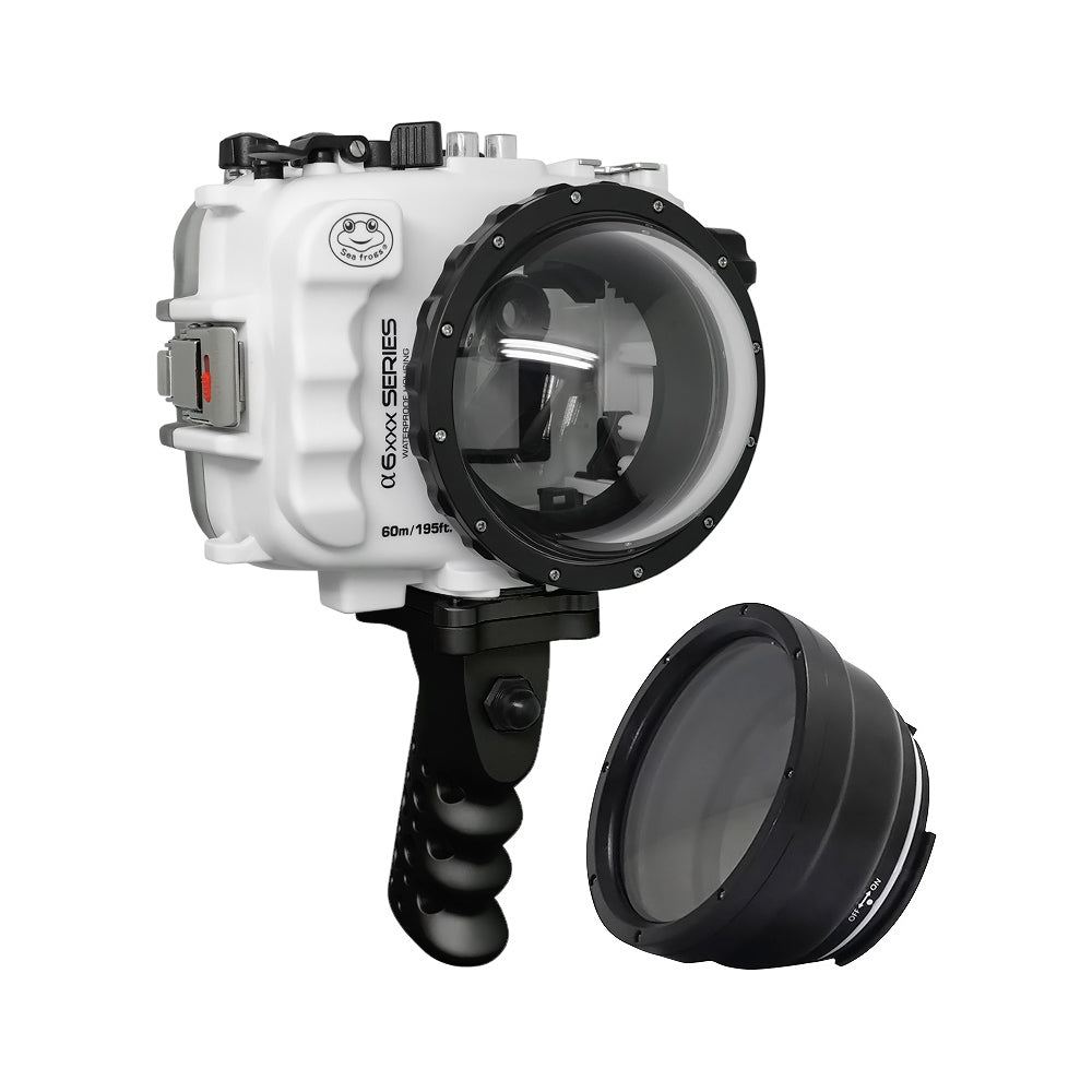 SeaFrogs UW housing for Sony A6xxx series Salted Line with Aluminium Shutter Grip & 4" Dry Dome Port (White) / GEN 3 - Image 2