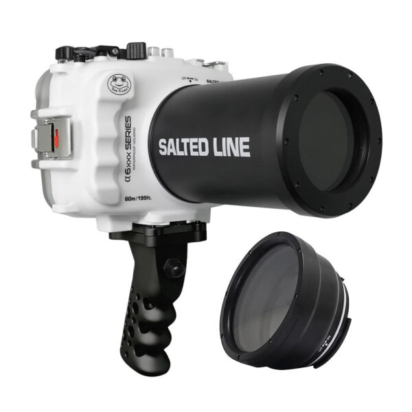 SeaFrogs 60M/195FT Waterproof housing for Sony A6xxx series Salted Line with Aluminium Shutter Grip & 55-210mm lens port (White) / GEN 3