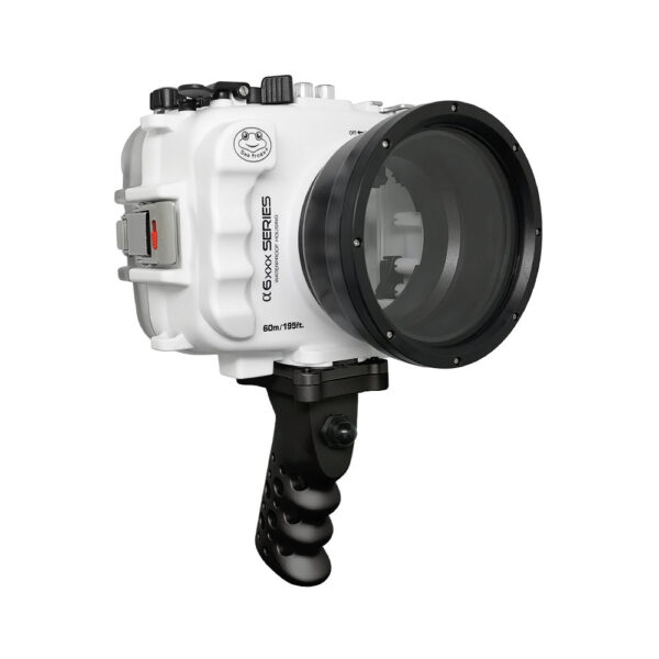 SeaFrogs 60M/195FT Waterproof housing for Sony A6xxx series Salted Line with Aluminium Shutter Grip (White) / GEN 3