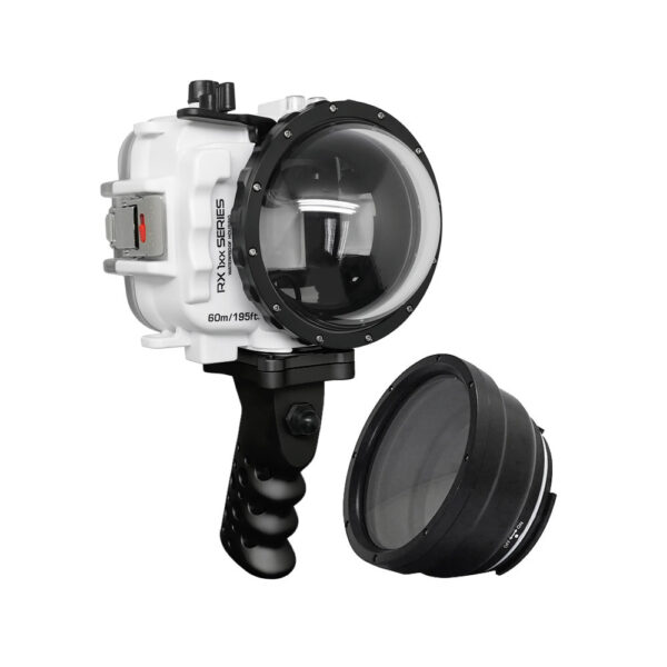 60M/195FT Waterproof housing for Sony RX1xx series Salted Line with Aluminium Shutter Grip & 4" Dry Dome Port (White)