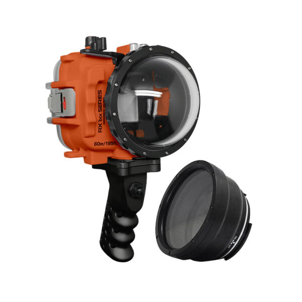 60M/195FT Waterproof housing for Sony RX1xx series Salted Line with Aluminium Shutter Grip & 4" Dry Dome Port (Orange)