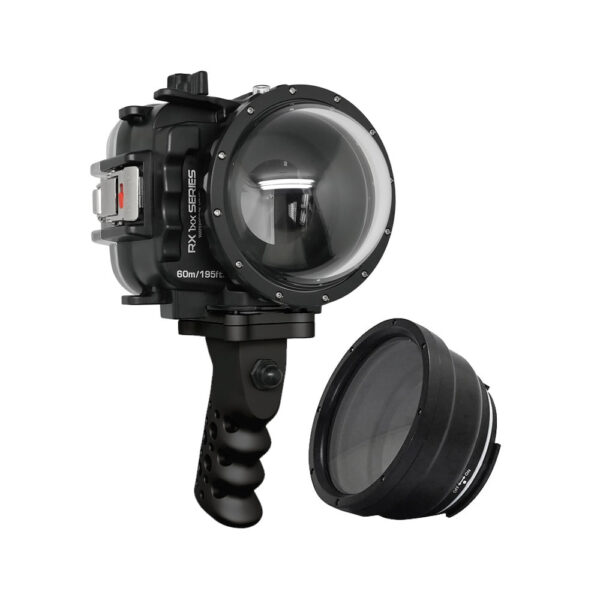 60M/195FT Waterproof housing for Sony RX1xx series Salted Line with Aluminium Shutter Grip & 4" Dry Dome Port (Black)