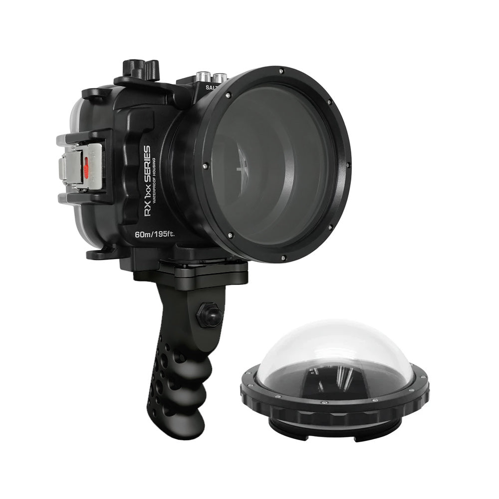 60M/195FT Waterproof housing for Sony RX1xx series Salted Line with Aluminium Shutter Grip & 4" Dry Dome Port (Black) - Image 2