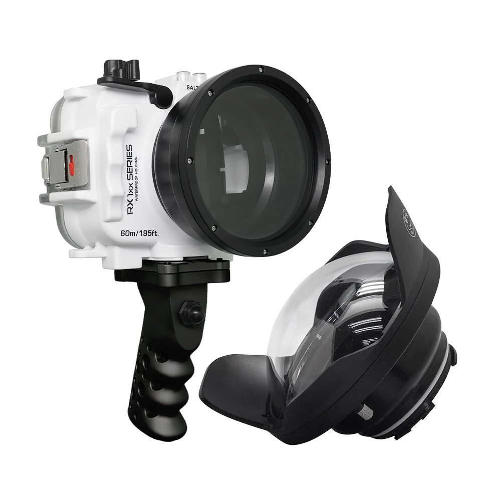 60M/195FT Waterproof housing for Sony RX1xx series Salted Line with Aluminium Shutter Grip & 6" Optical Glass Dry Dome Port(White) - Image 2