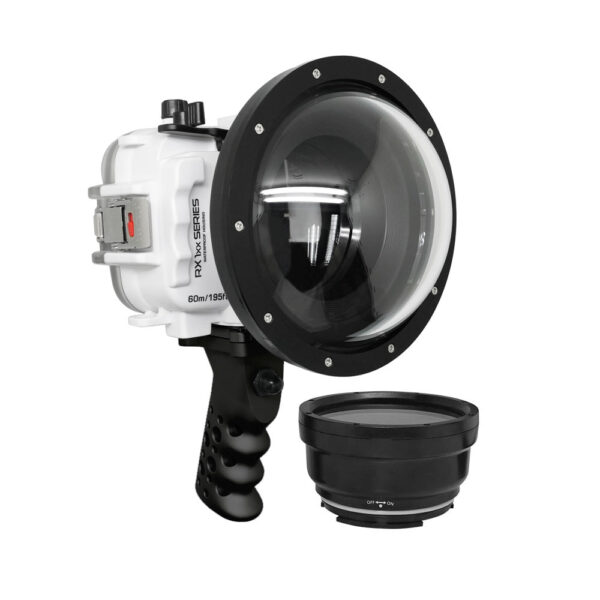 60M/195FT Waterproof housing for Sony RX1xx series Salted Line with Aluminium Shutter Grip & 6" Dry Dome Port - Surf (White)