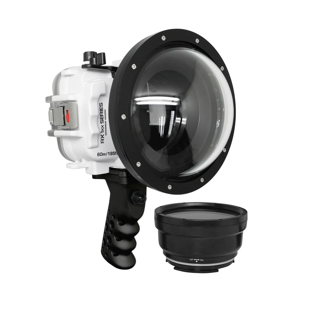 60M/195FT Waterproof housing for Sony RX1xx series Salted Line with Aluminium Shutter Grip & 6" Dry Dome Port - Surf (White)
