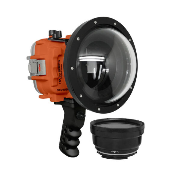 60M/195FT Waterproof housing for Sony RX1xx series Salted Line with Aluminium Shutter Grip & 6" Dry Dome Port - Surf (Orange)