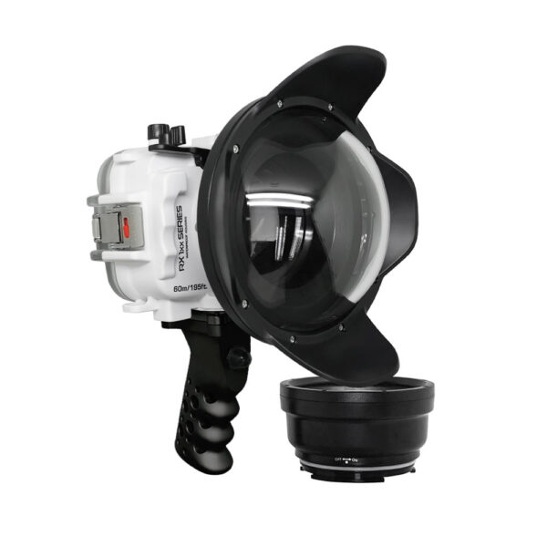 60M/195FT Waterproof housing for Sony RX1xx series Salted Line with Aluminium Shutter Grip & 6" Dry Dome Port(White)