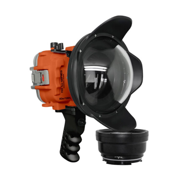 60M/195FT Waterproof housing for Sony RX1xx series Salted Line with Aluminium Shutter Grip & 6" Dry Dome Port(Orange)