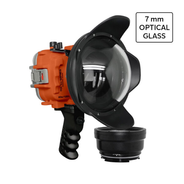 60M/195FT Waterproof housing for Sony RX1xx series Salted Line with Aluminium Shutter Grip & 6" Optical Glass Dry Dome Port(Orange)