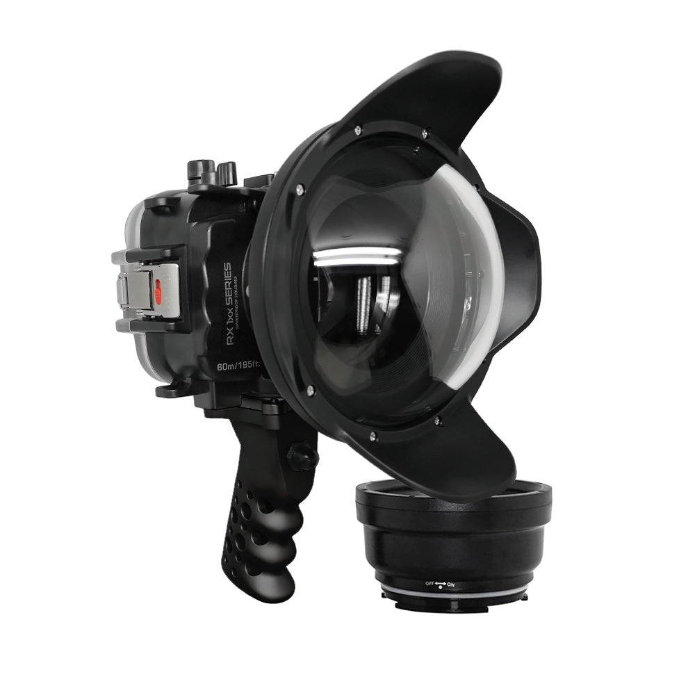 60M/195FT Waterproof housing for Sony RX1xx series Salted Line with Aluminium Shutter Grip & 6" Dry Dome Port (Black)