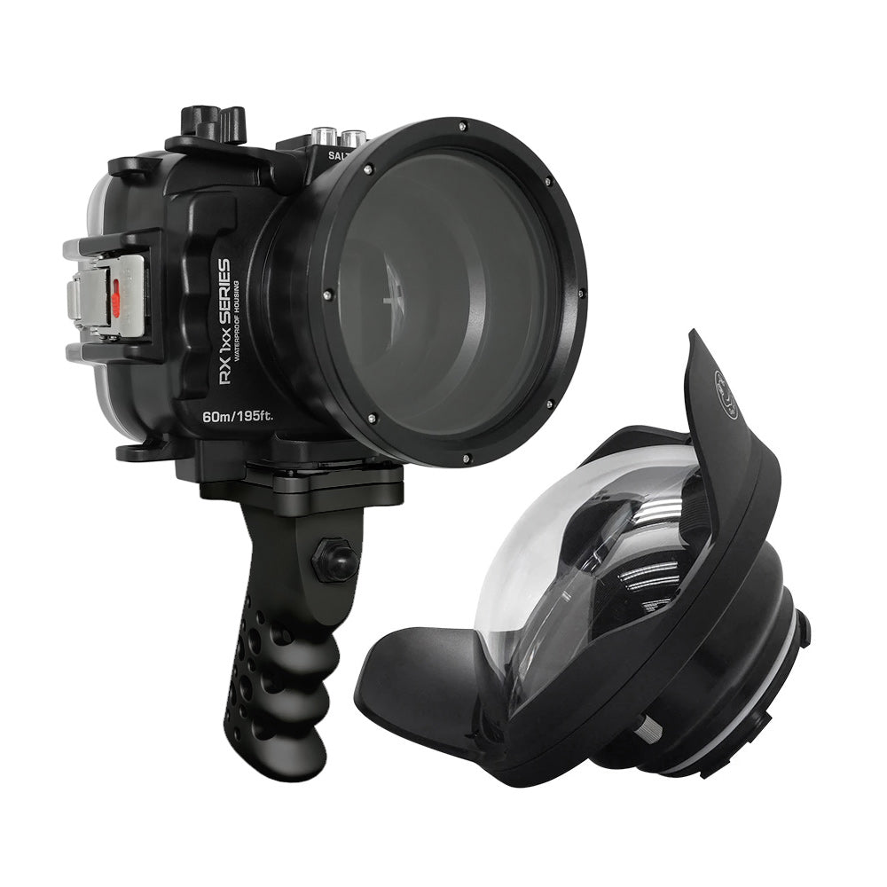 60M/195FT Waterproof housing for Sony RX1xx series Salted Line with Aluminium Shutter Grip & 6" Optical Glass Dry Dome Port (Black) - Image 2