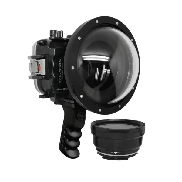60M/195FT Waterproof housing for Sony RX1xx series Salted Line with Aluminium Shutter Grip & 6" Dry Dome Port - Surf (Black)