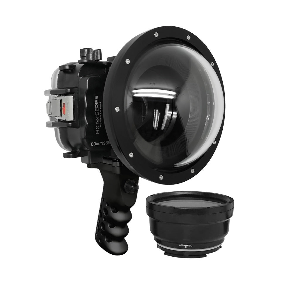60M/195FT Waterproof housing for Sony RX1xx series Salted Line with Aluminium Shutter Grip & 6" Dry Dome Port - Surf (Black)
