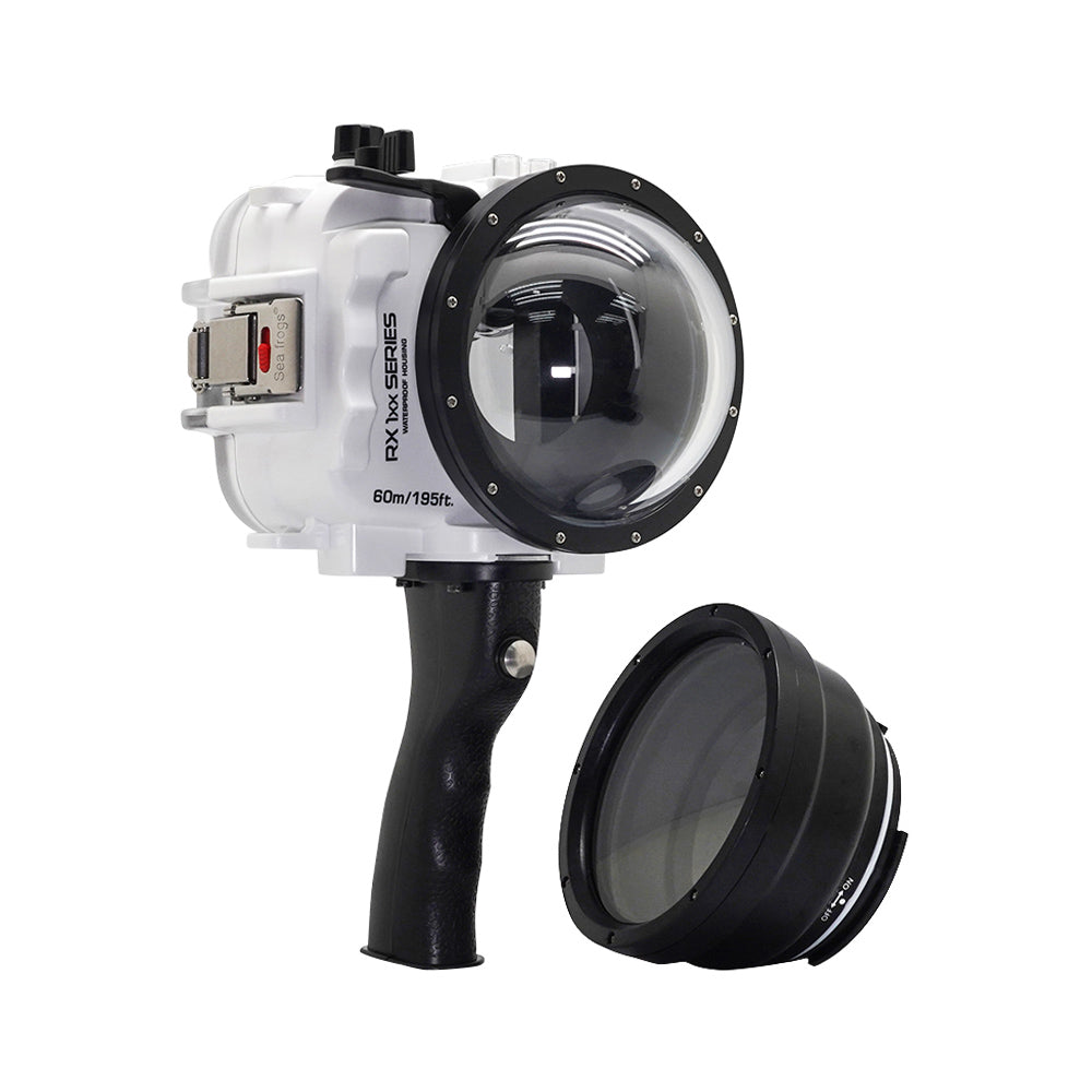 60M/195FT Waterproof housing for Sony RX1xx series Salted Line with Shutter grip & 4" Dry Dome Port (White)