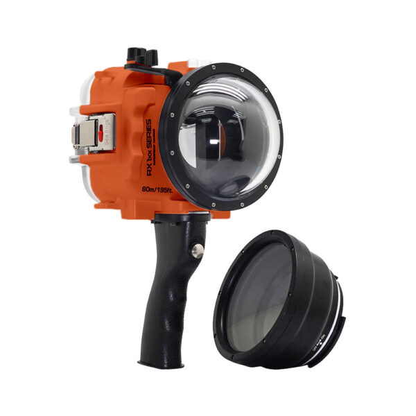 60M/195FT Waterproof housing for Sony RX1xx series Salted Line with Shutter grip & 4" Dry Dome Port (Orange)