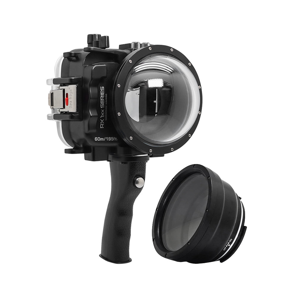 60M/195FT Waterproof housing for Sony RX1xx series Salted Line with Shutter grip & 4" Dry Dome Port (Black)