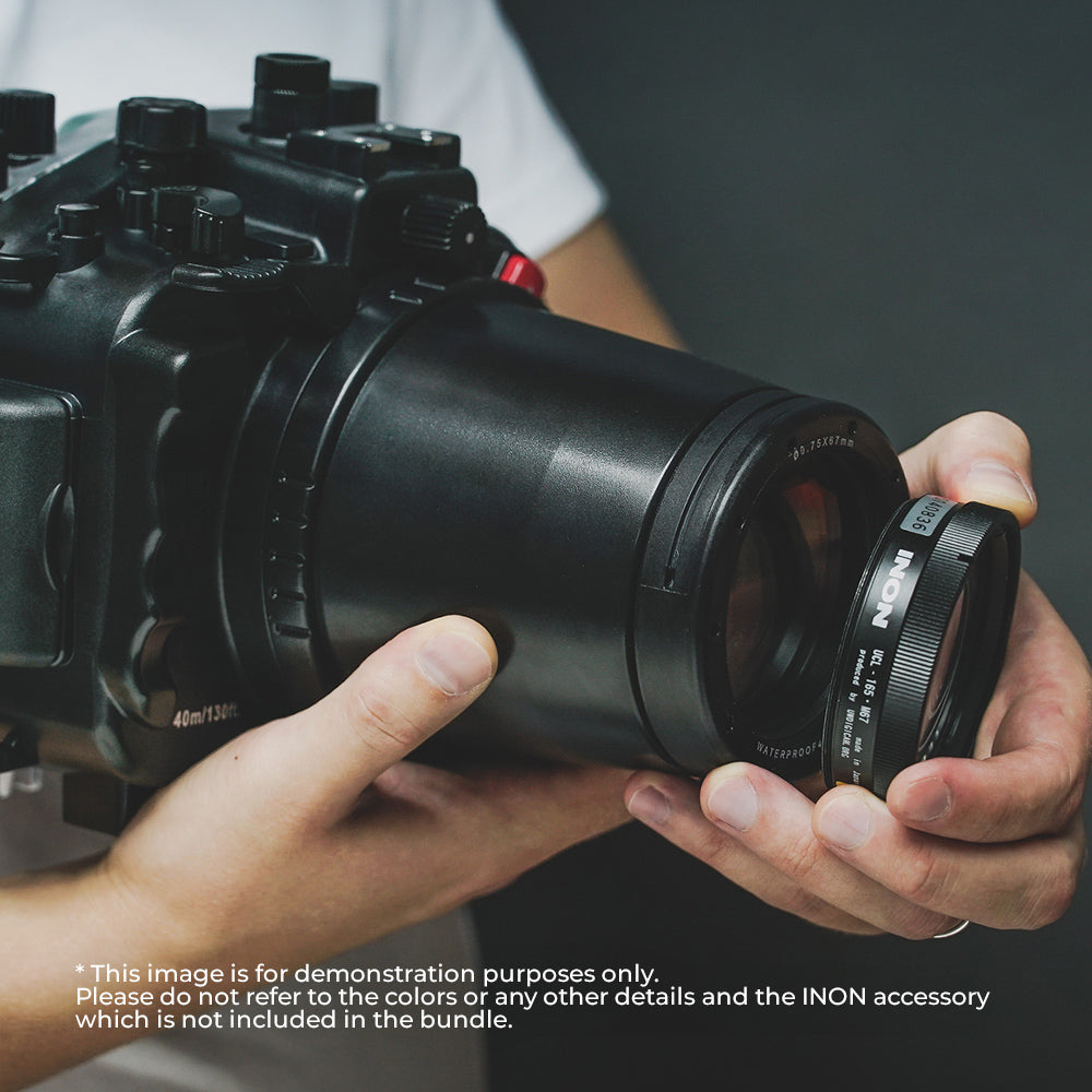 Sony A9 PRO V.3 series 40M/130FT UW camera housing with 67mm threaded flat port for Sony FE90 macro lens (focus gear included) and standard port bundle.Black - Image 4