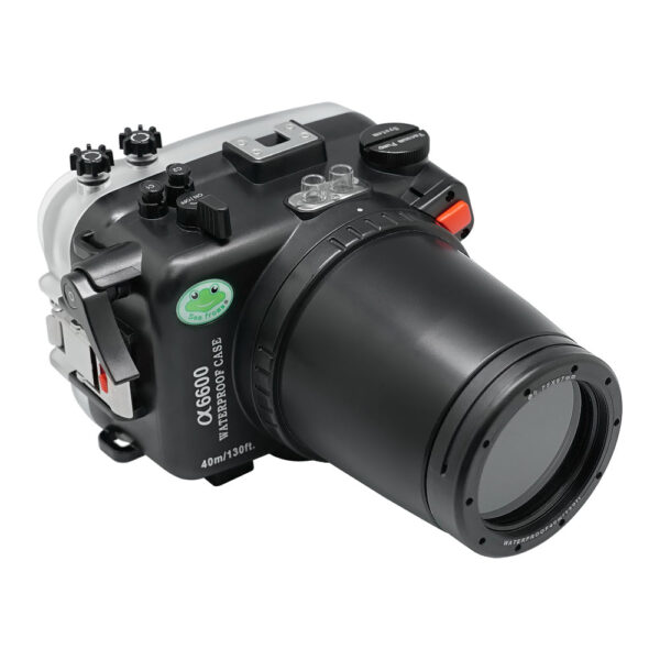 Sony A6600 40M/130FT Underwater camera housing with 67mm threaded Flat Long port. Focus gear for Sony FE90mm included