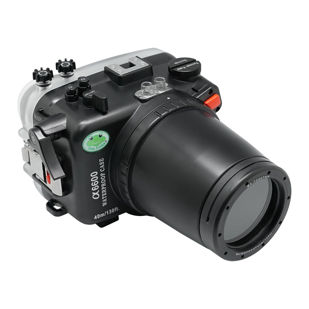 Sony A6600 40M/130FT Underwater camera housing with 67mm threaded Flat Long port. Focus gear for Sony FE90mm included