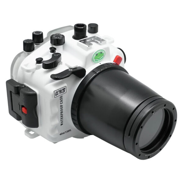 Sony A7R IV 40M/130FT Underwater camera housing with 67mm threaded flat port for Sony FE90 macro lens (focus gear included) and standard port bundle.White