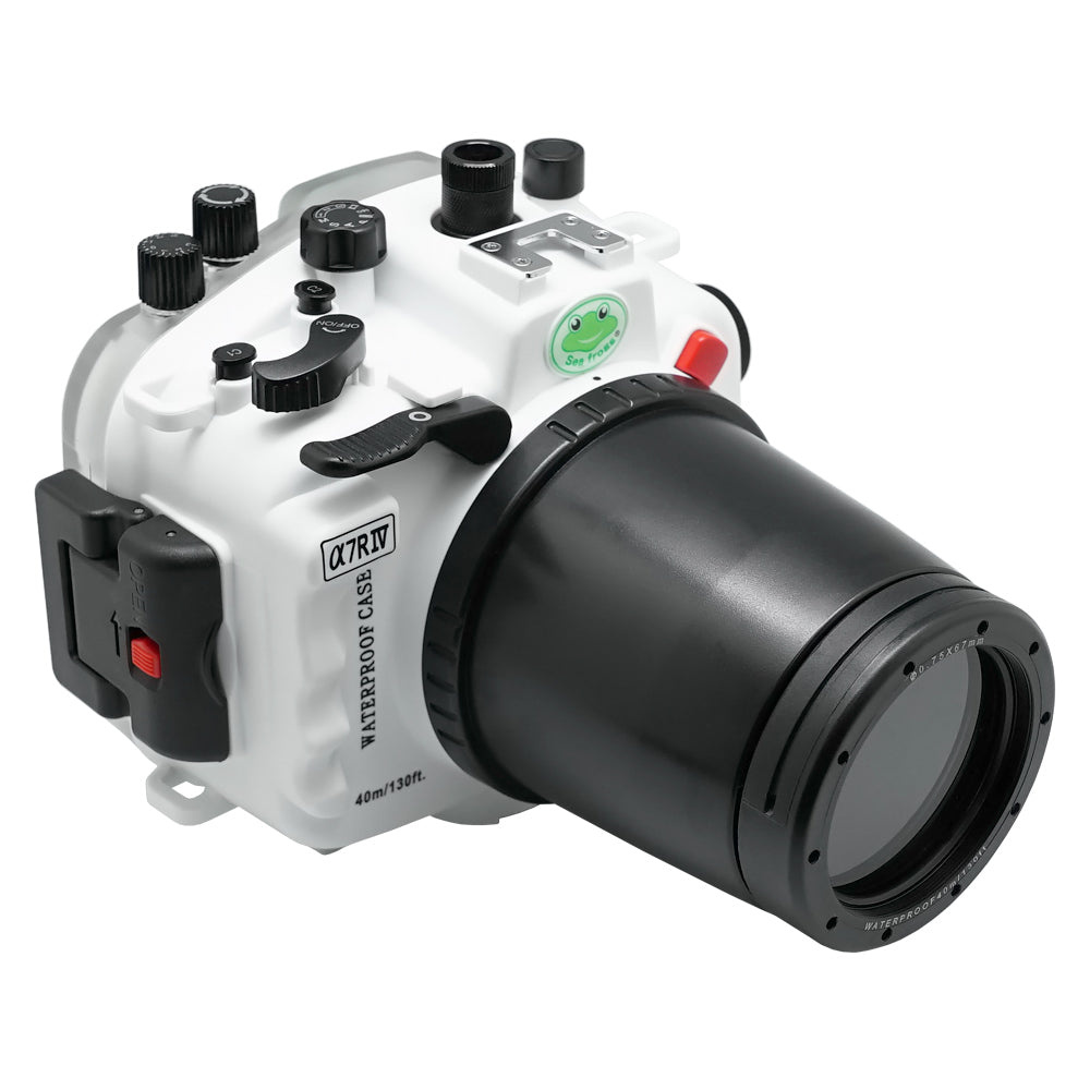 Sony A7R IV 40M/130FT Underwater camera housing with 67mm threaded flat port for Sony FE90 macro lens (focus gear included) without standard port.White