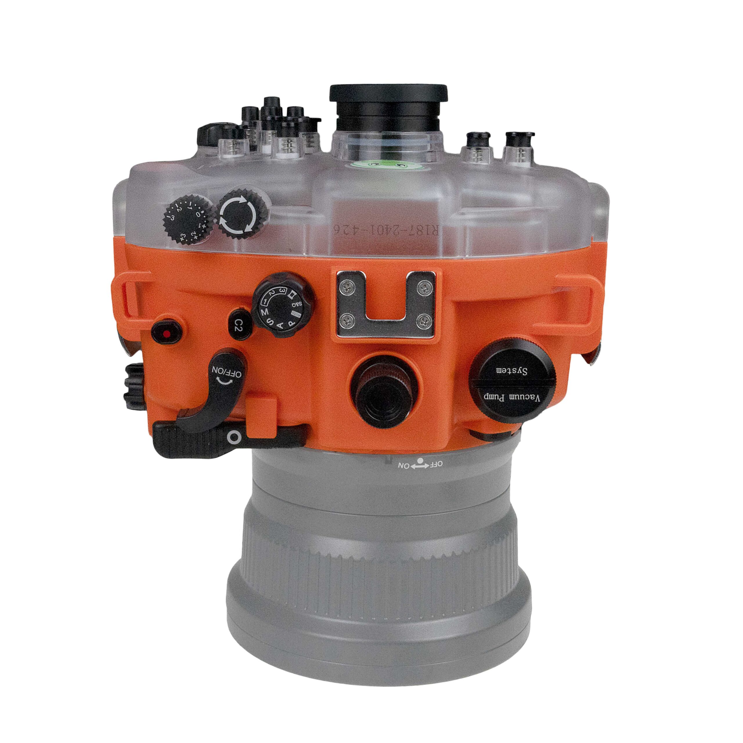Sea Frogs Salted Line Series Sony A1 40M/130FT Waterproof camera housing with 4" Flat Long Port and Aluminium Shutter Grip. Orange - Image 2
